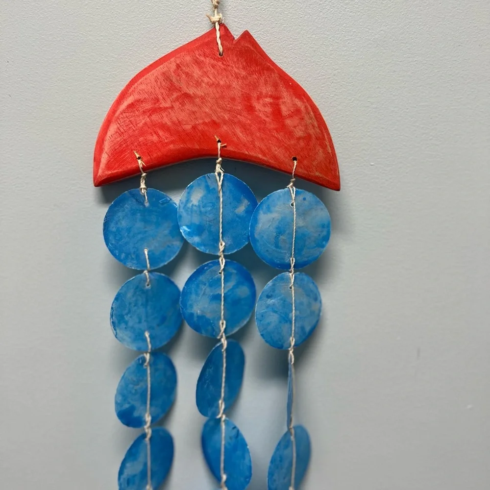 Coastal Fish Wall Hanging Decor- Nautical Capiz Mobile Red and Blue